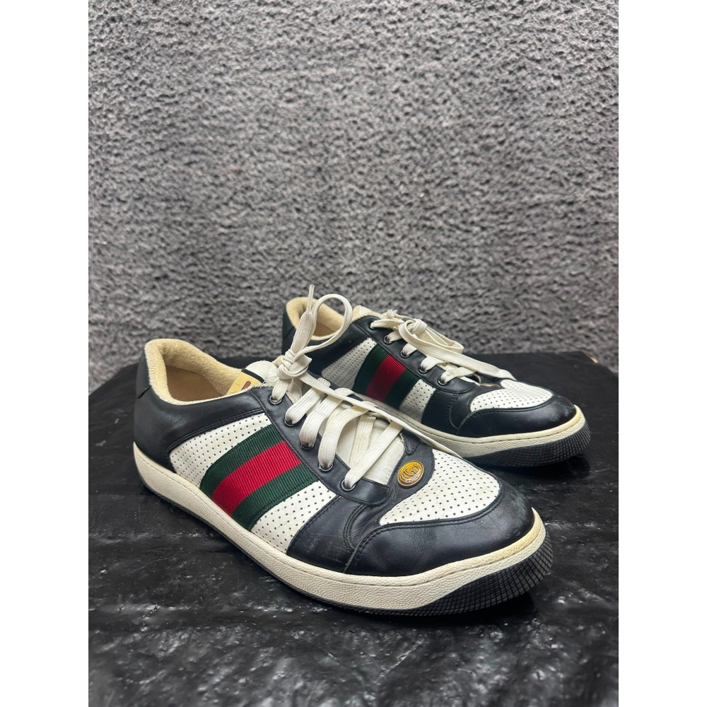 Gucci Screener Lace Up Leather Low Top Sneakers Black‎ White Mens Size 12 US